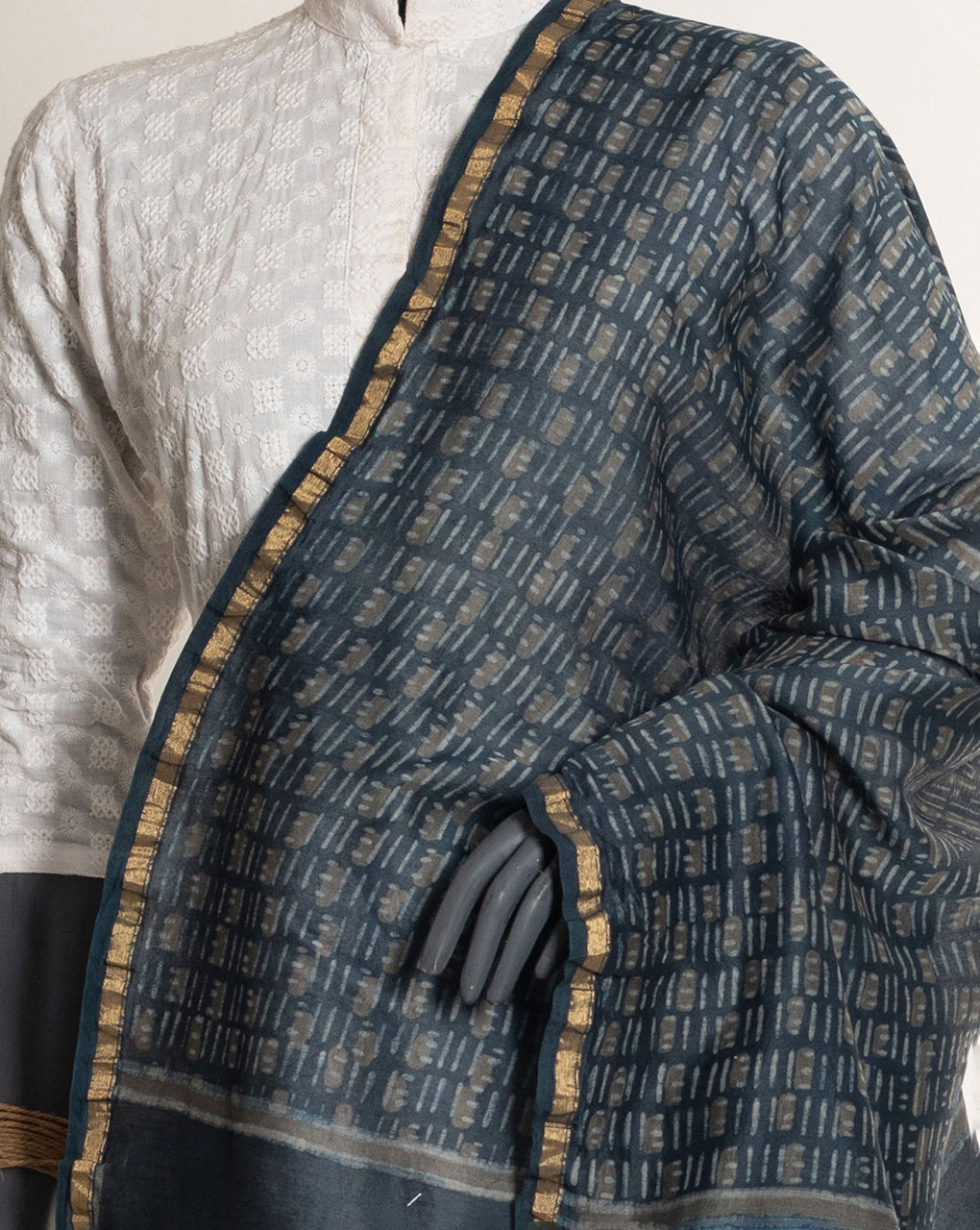 Geometric Akola Hand Block Zari Border Chanderi Dupatta - Fabriclore.com