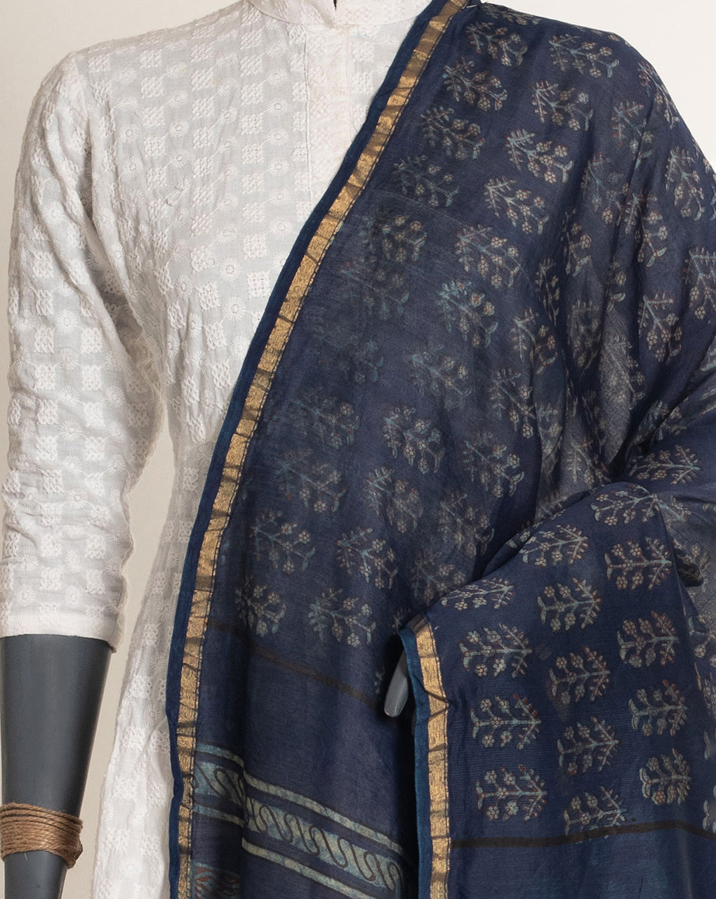 Floral Akola Hand Block Zari Border Chanderi Dupatta - Fabriclore.com
