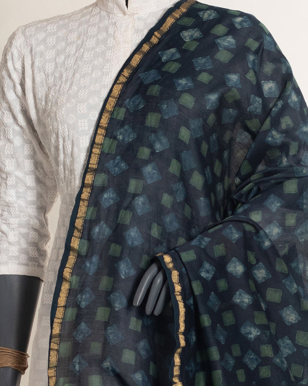 Geometric Akola Hand Block Zari Border Chanderi Dupatta - Fabriclore.com