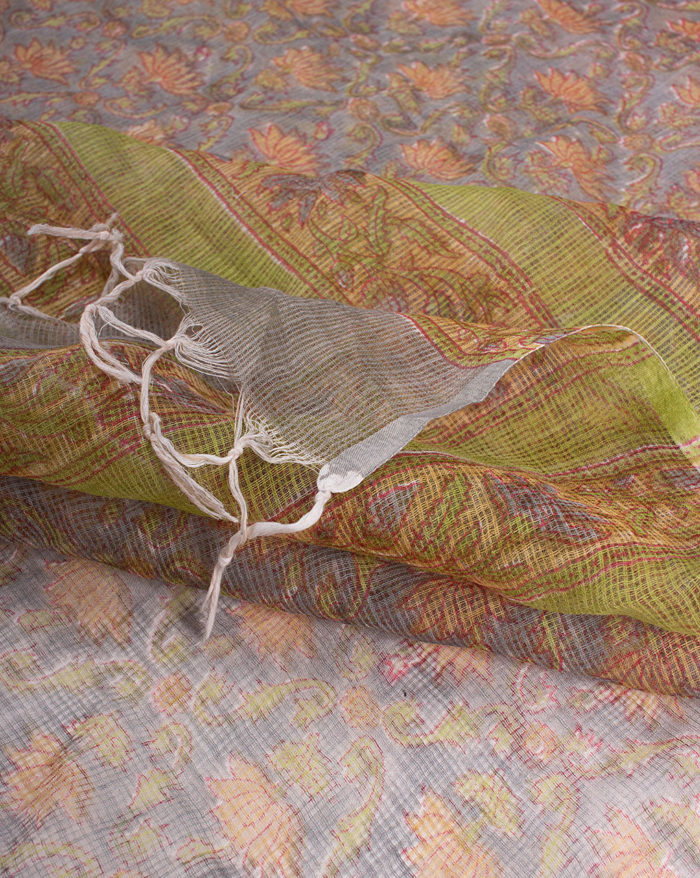 Grey Floral Rapid Hand Block Kota Doria Dupatta - Fabriclore.com