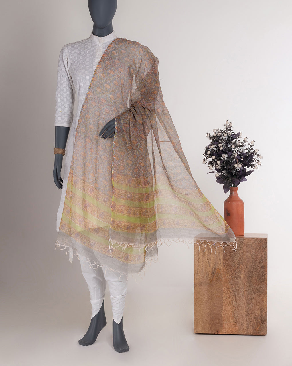 Grey Floral Rapid Hand Block Kota Doria Dupatta - Fabriclore.com