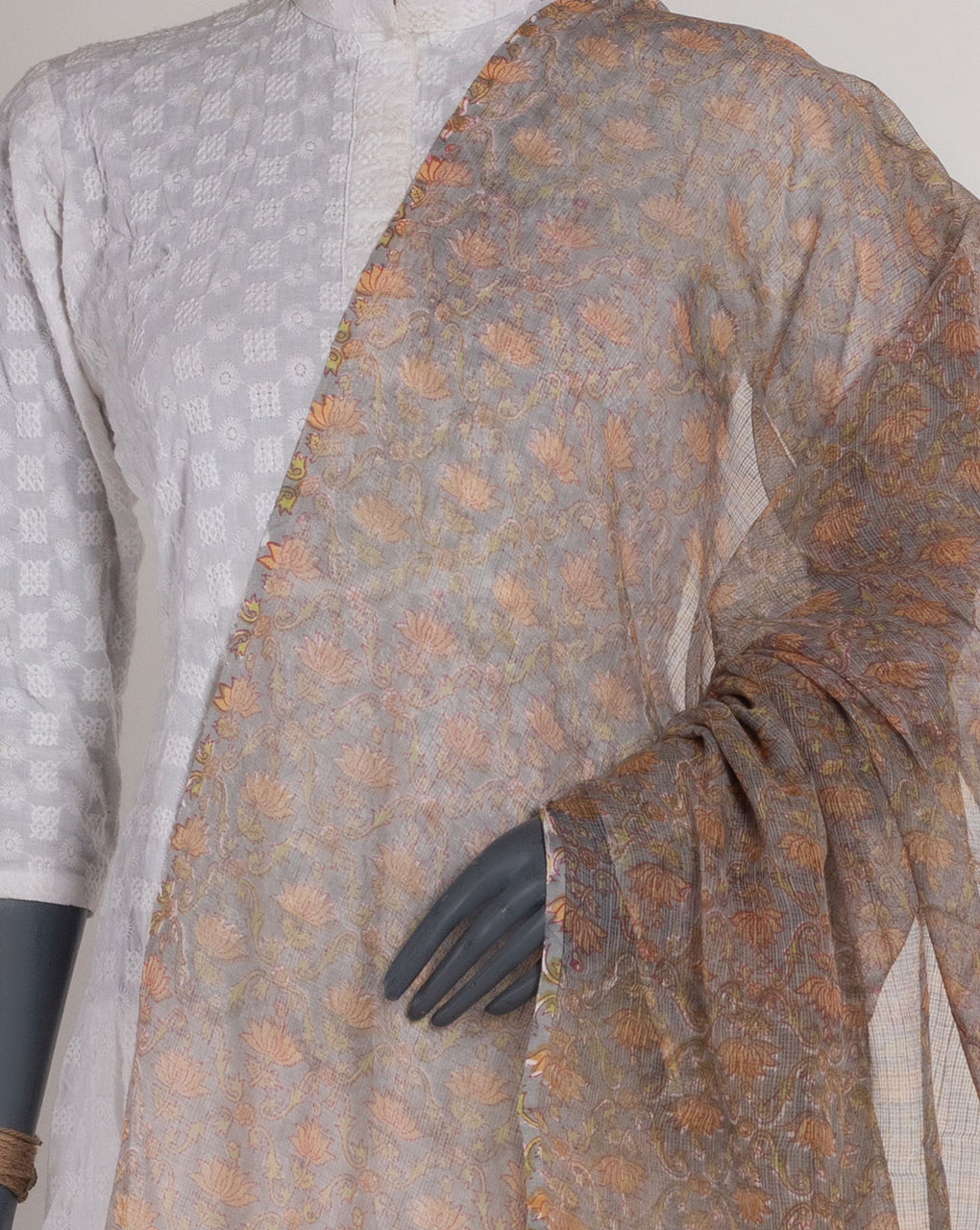 Grey Floral Rapid Hand Block Kota Doria Dupatta - Fabriclore.com