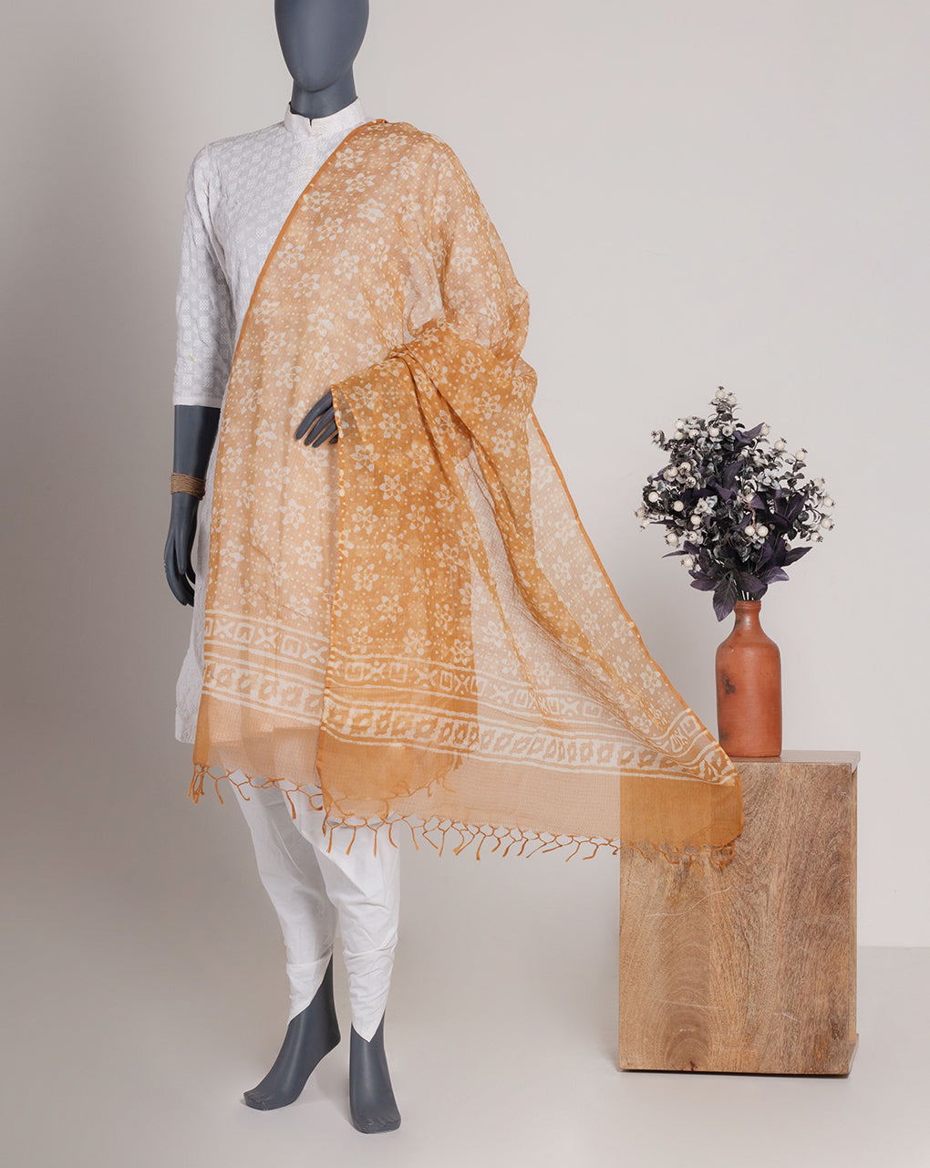 Yellow Floral Hand Block Kota Doria Dupatta - Fabriclore.com