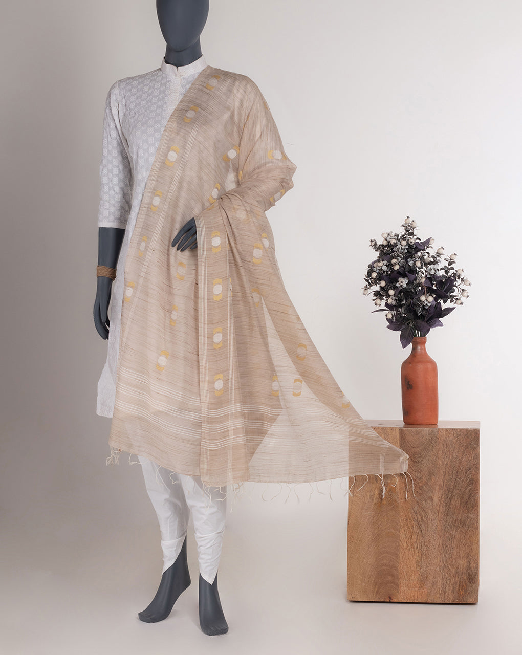 Beige Bhagalpuri Acrylic Viscose Dupatta - Fabriclore.com