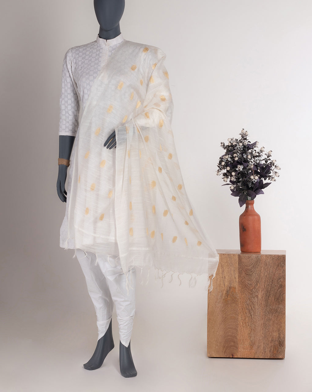 White Bhagalpuri Acrylic Viscose Dupatta - Fabriclore.com