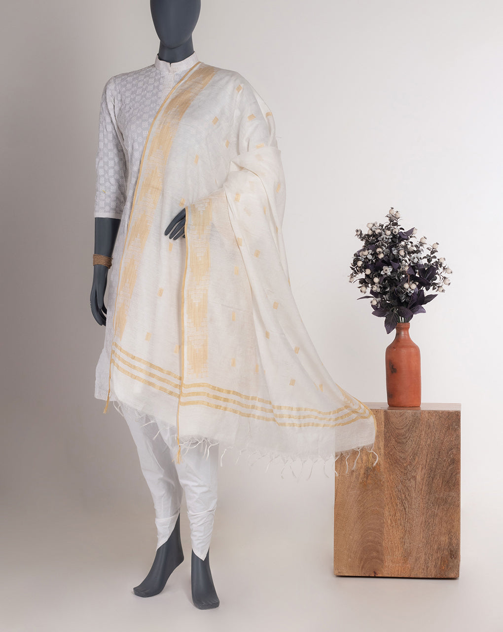 White Bhagalpuri Acrylic Viscose Dupatta - Fabriclore.com