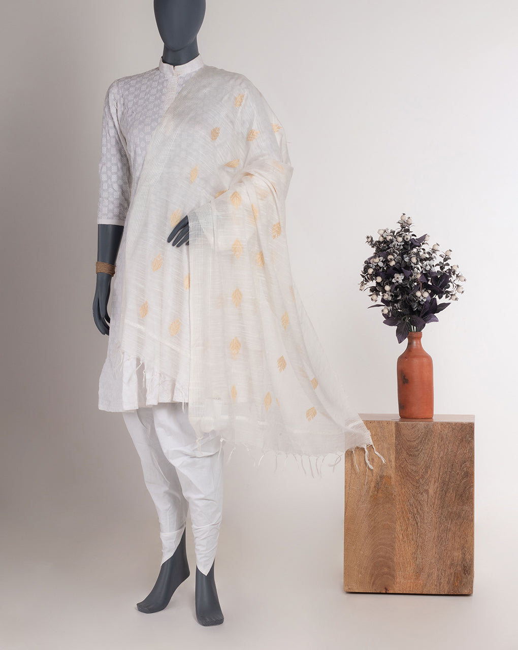 White Bhagalpuri Acrylic Viscose Dupatta - Fabriclore.com