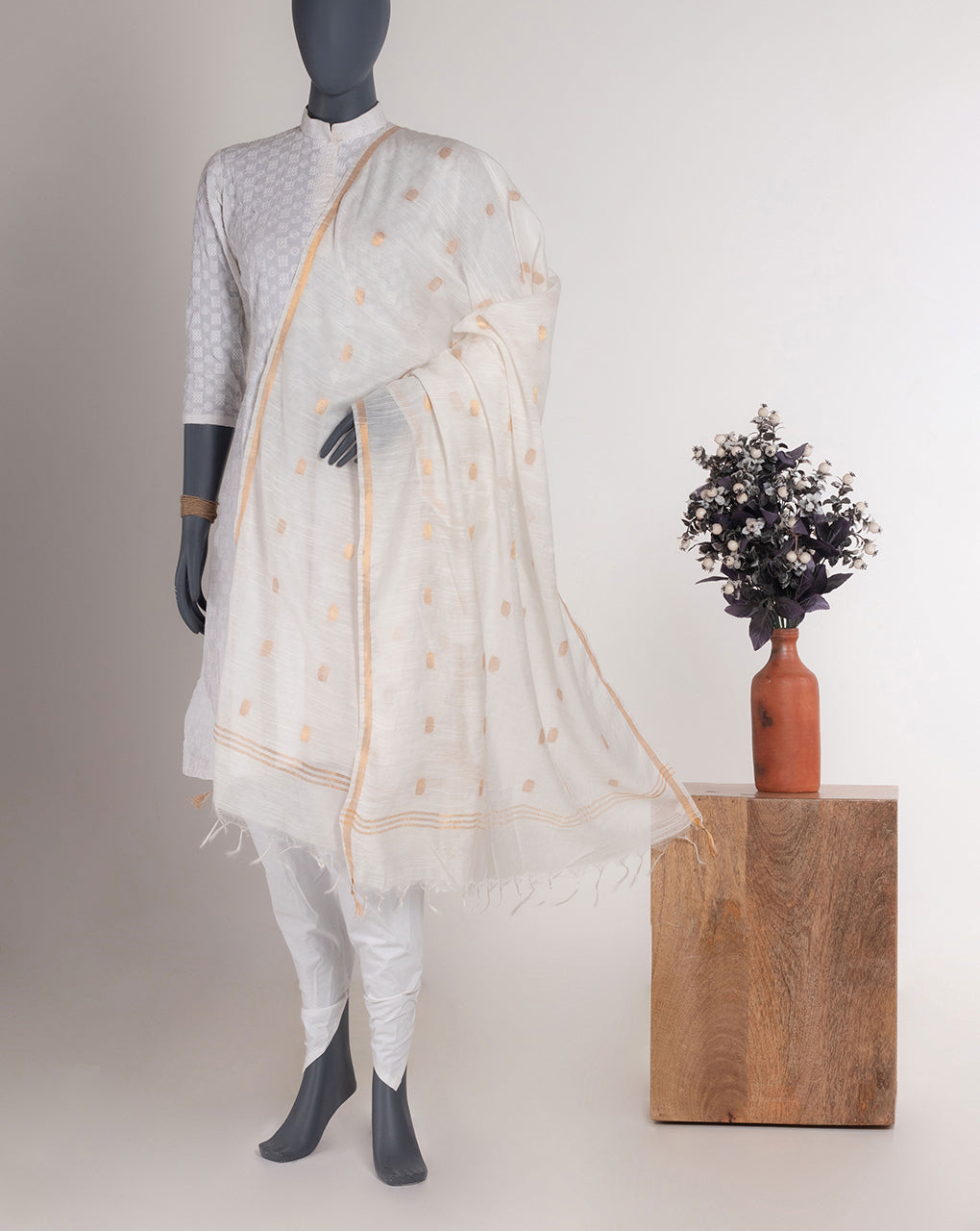 White Bhagalpuri Zari Work Acrylic Viscose Dupatta - Fabriclore.com