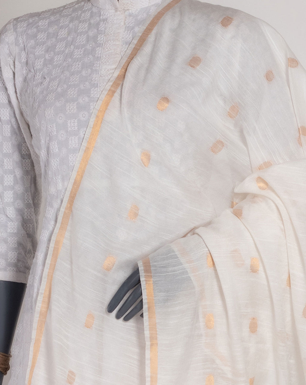 White Bhagalpuri Zari Work Acrylic Viscose Dupatta - Fabriclore.com