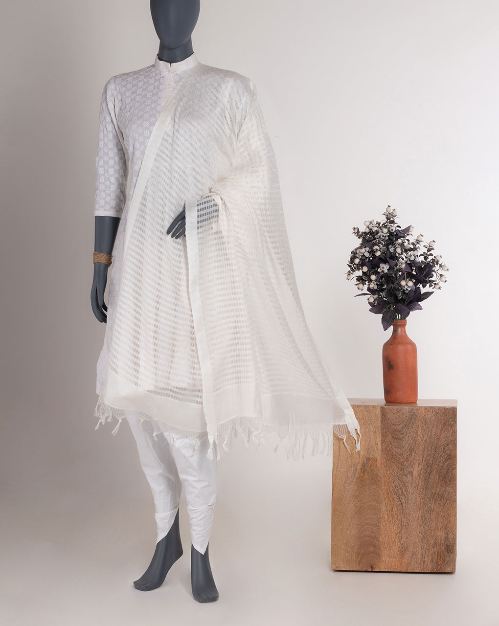 White Bhagalpuri Acrylic Viscose Dupatta - Fabriclore.com