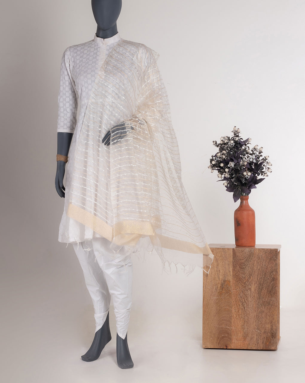 Off-White Bhagalpuri Acrylic Viscose Dupatta - Fabriclore.com