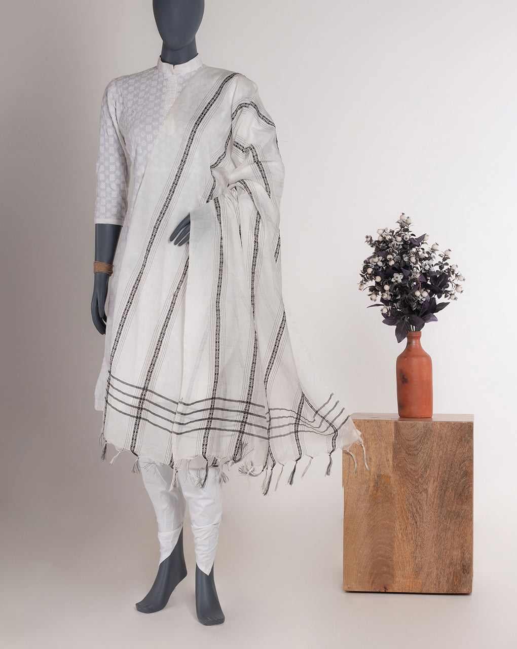 White Bhagalpuri Acrylic Viscose Dupatta - Fabriclore.com