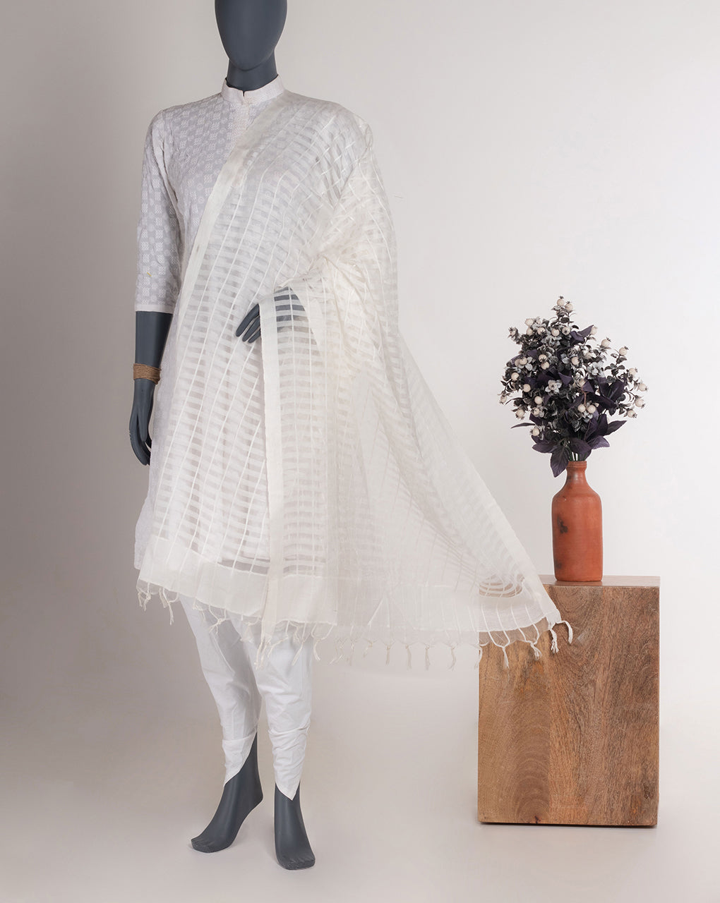 White Bhagalpuri Acrylic Viscose Dupatta - Fabriclore.com