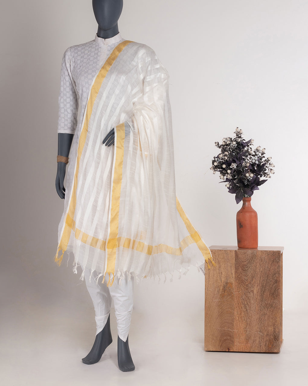 White Bhagalpuri Acrylic Viscose Dupatta - Fabriclore.com