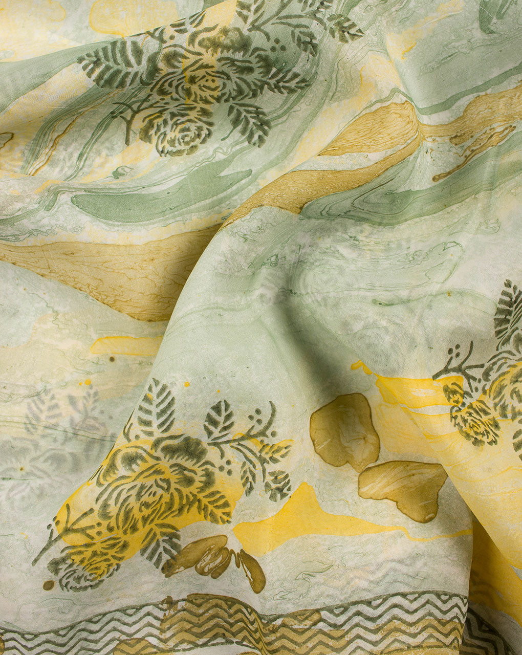 Green Yellow Boota Pattern Exclusive Design Marble Print Hand Block Viscose Organza Fabric - Fabriclore.com