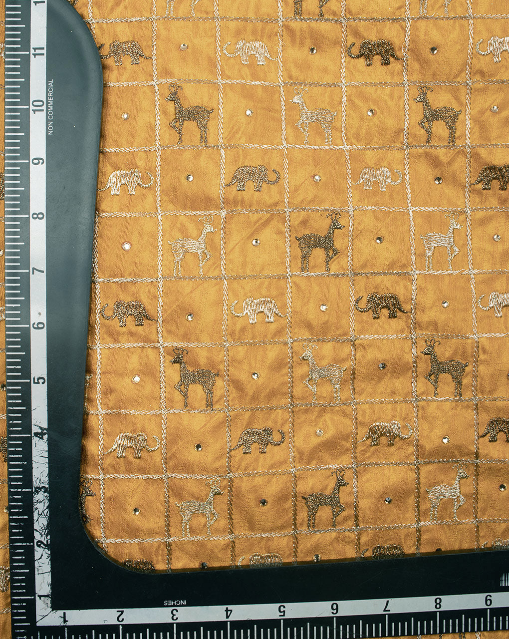 ( Pre Cut 90 CM ) Beige Creature Print Sequins & Zari Work Embroidered Art Raw Silk Fabric