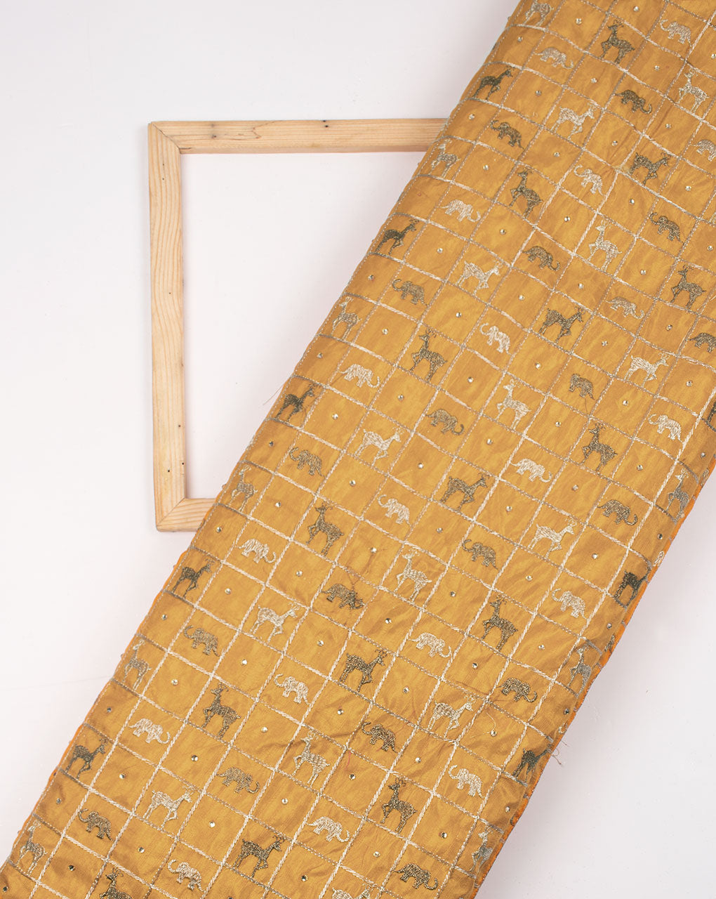 ( Pre Cut 90 CM ) Beige Creature Print Sequins & Zari Work Embroidered Art Raw Silk Fabric