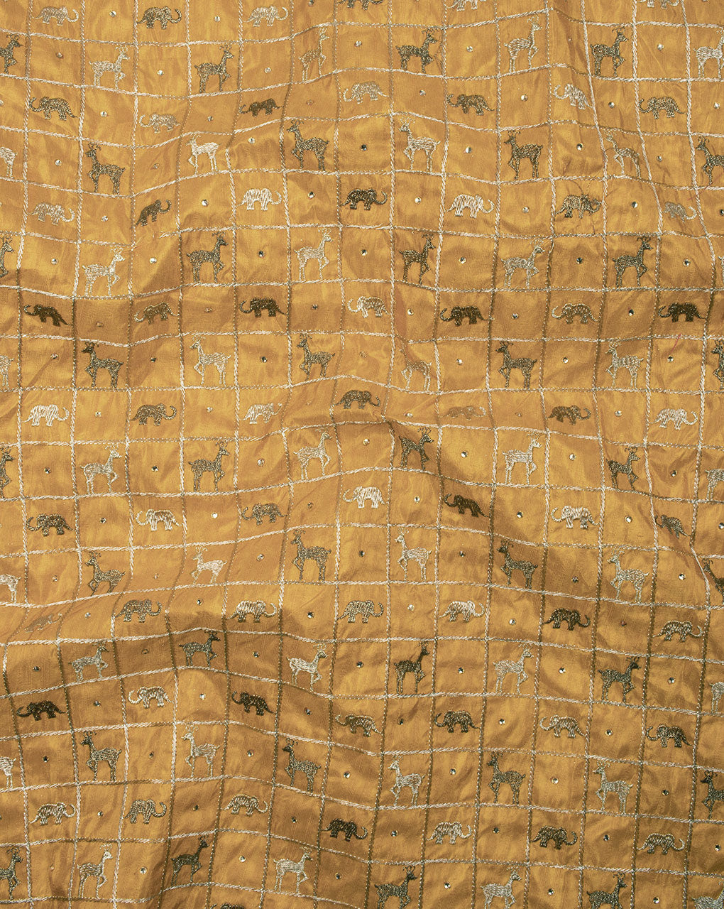 ( Pre Cut 90 CM ) Beige Creature Print Sequins & Zari Work Embroidered Art Raw Silk Fabric