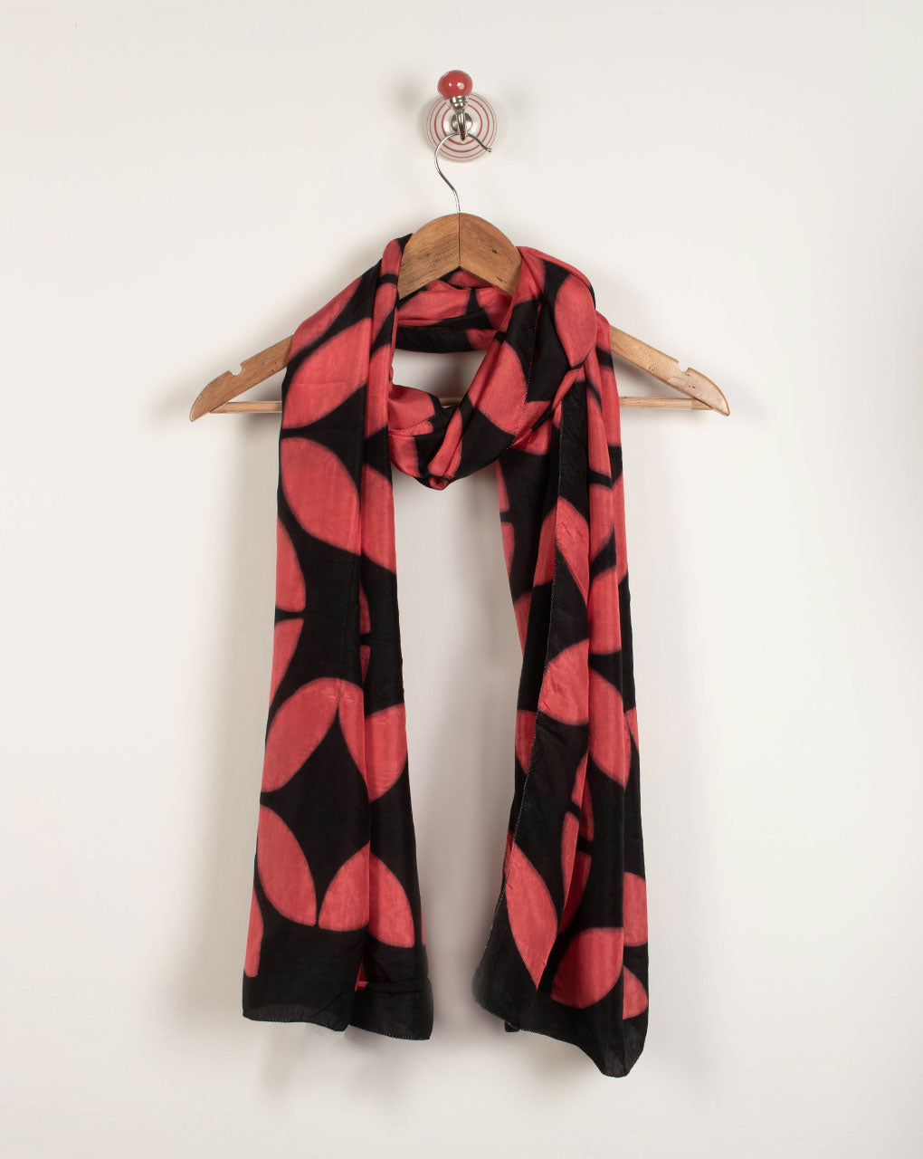 Black Red Geometric Pattern Clamp Dye Pure Habutai Silk Stole