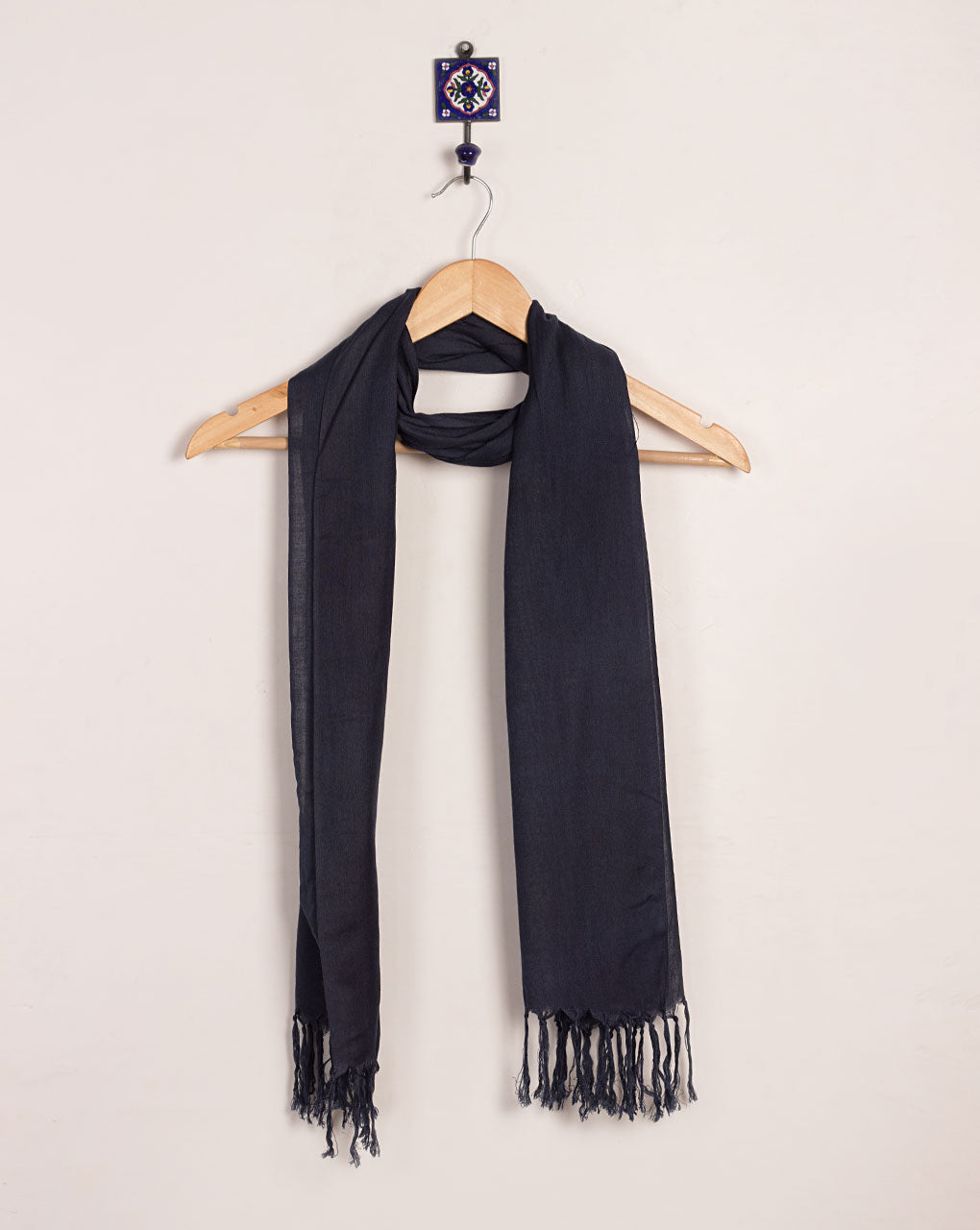 Navy Blue Plain Woven Bhagalpuri Viscose Stole - Fabriclore.com