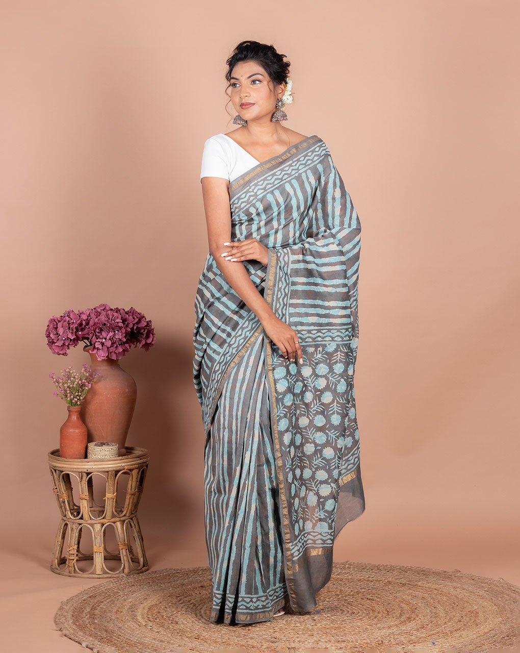 Dabu Hand Block Chanderi Saree With Blouse - Fabriclore.com