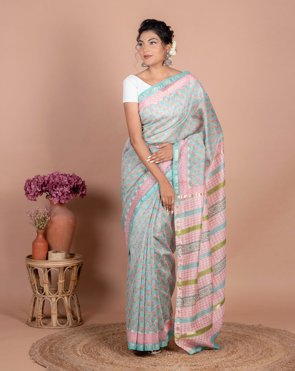 Rapid Hand Block Chanderi Saree With Blouse - Fabriclore.com
