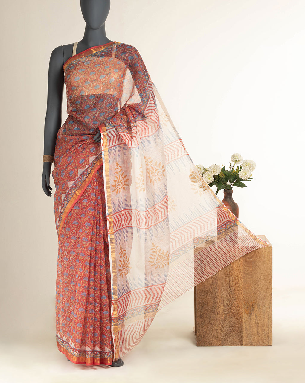 Rapid Hand Block Kota Doria Saree With Blouse - Fabriclore.com