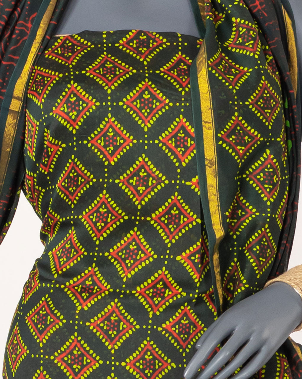 Hand Block Zari Border Chanderi Unstitched Suit With Chanderi Dupatta - Fabriclore.com