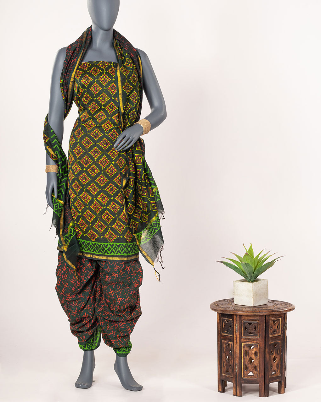 Hand Block Zari Border Chanderi Unstitched Suit With Chanderi Dupatta - Fabriclore.com