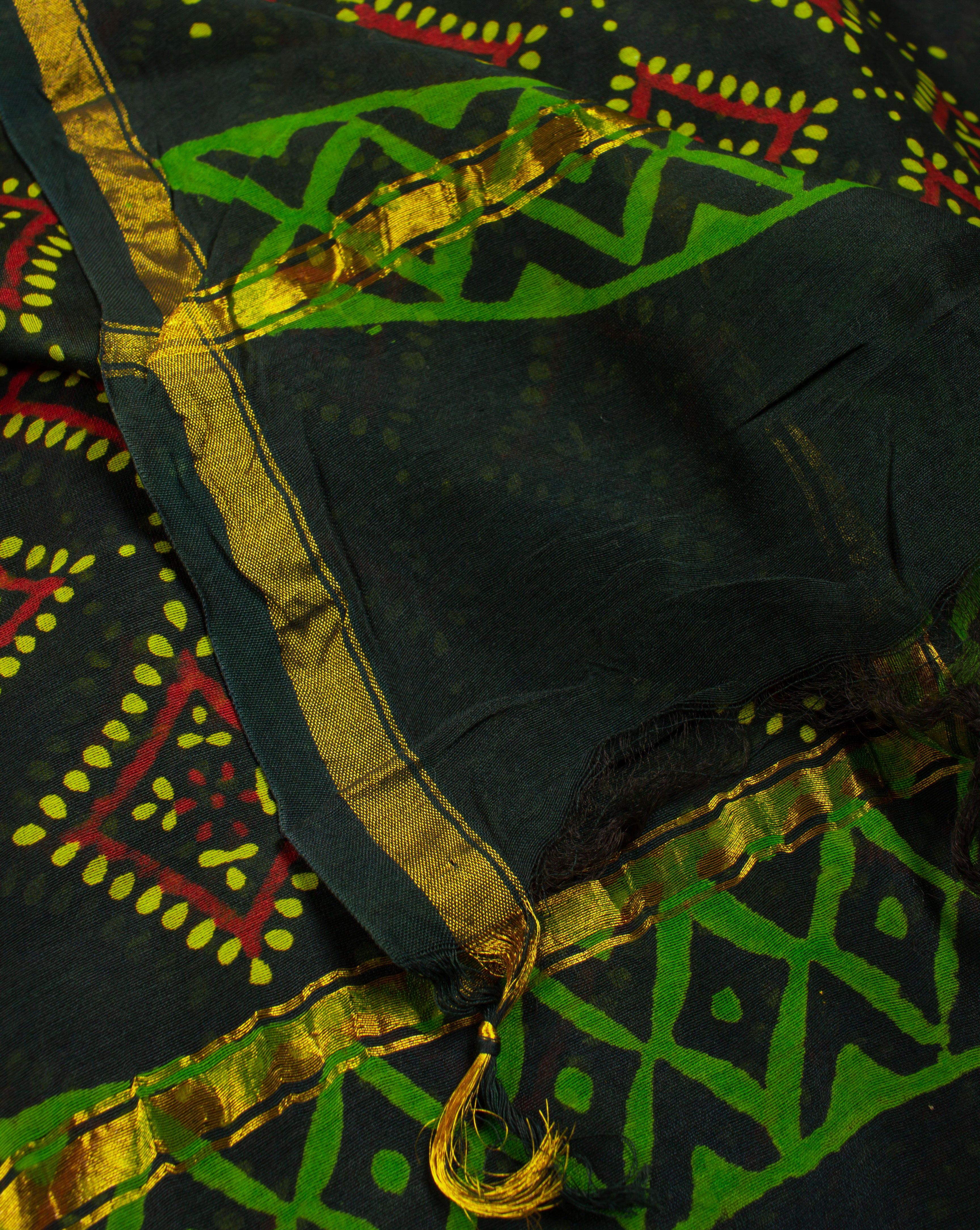 Hand Block Zari Border Chanderi Unstitched Suit With Chanderi Dupatta - Fabriclore.com