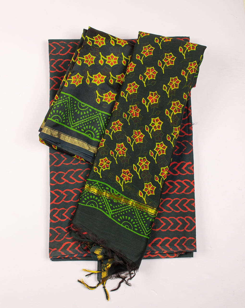 Hand Block Zari Border Chanderi Unstitched Suit With Chanderi Dupatta - Fabriclore.com
