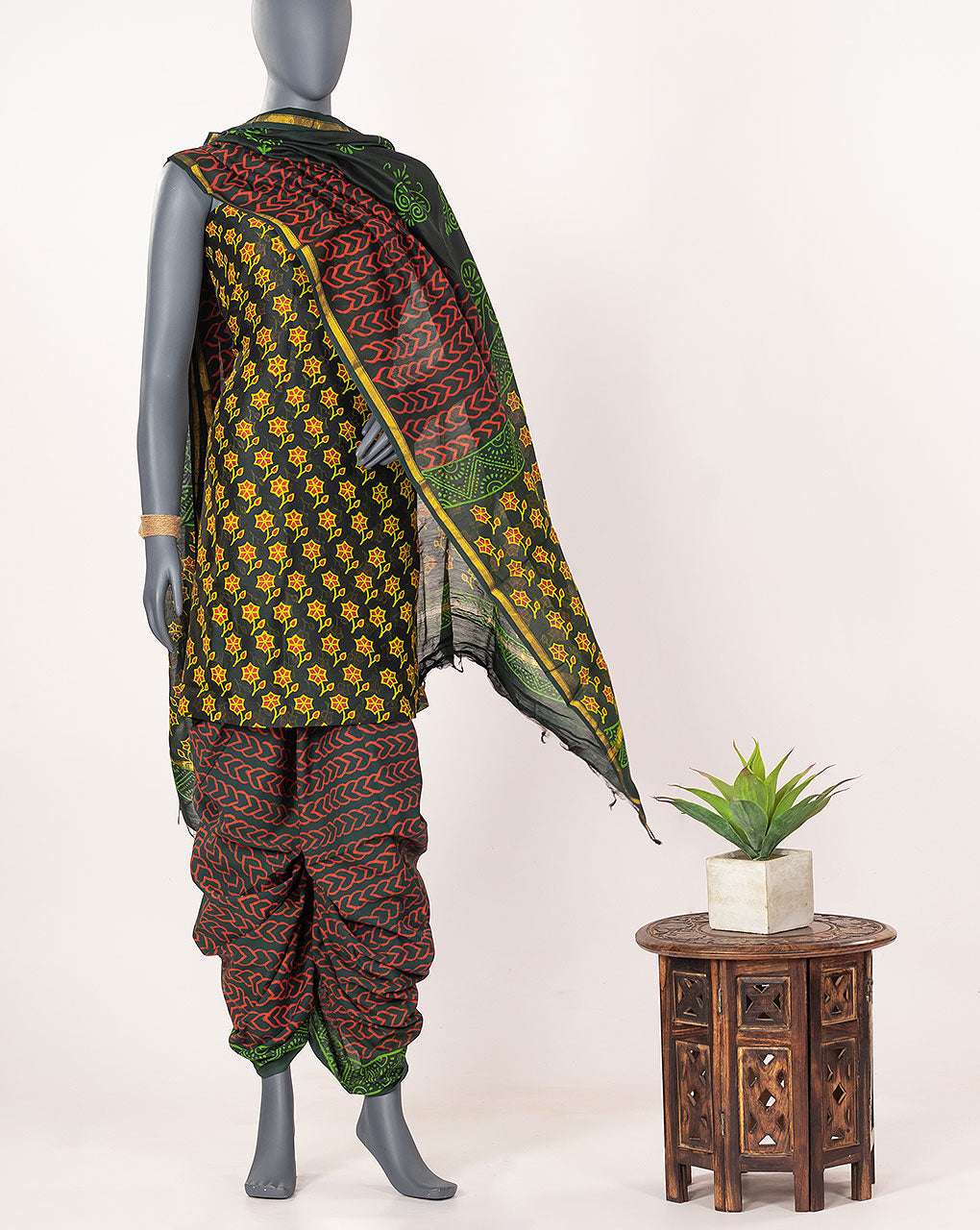 Hand Block Zari Border Chanderi Unstitched Suit With Chanderi Dupatta - Fabriclore.com
