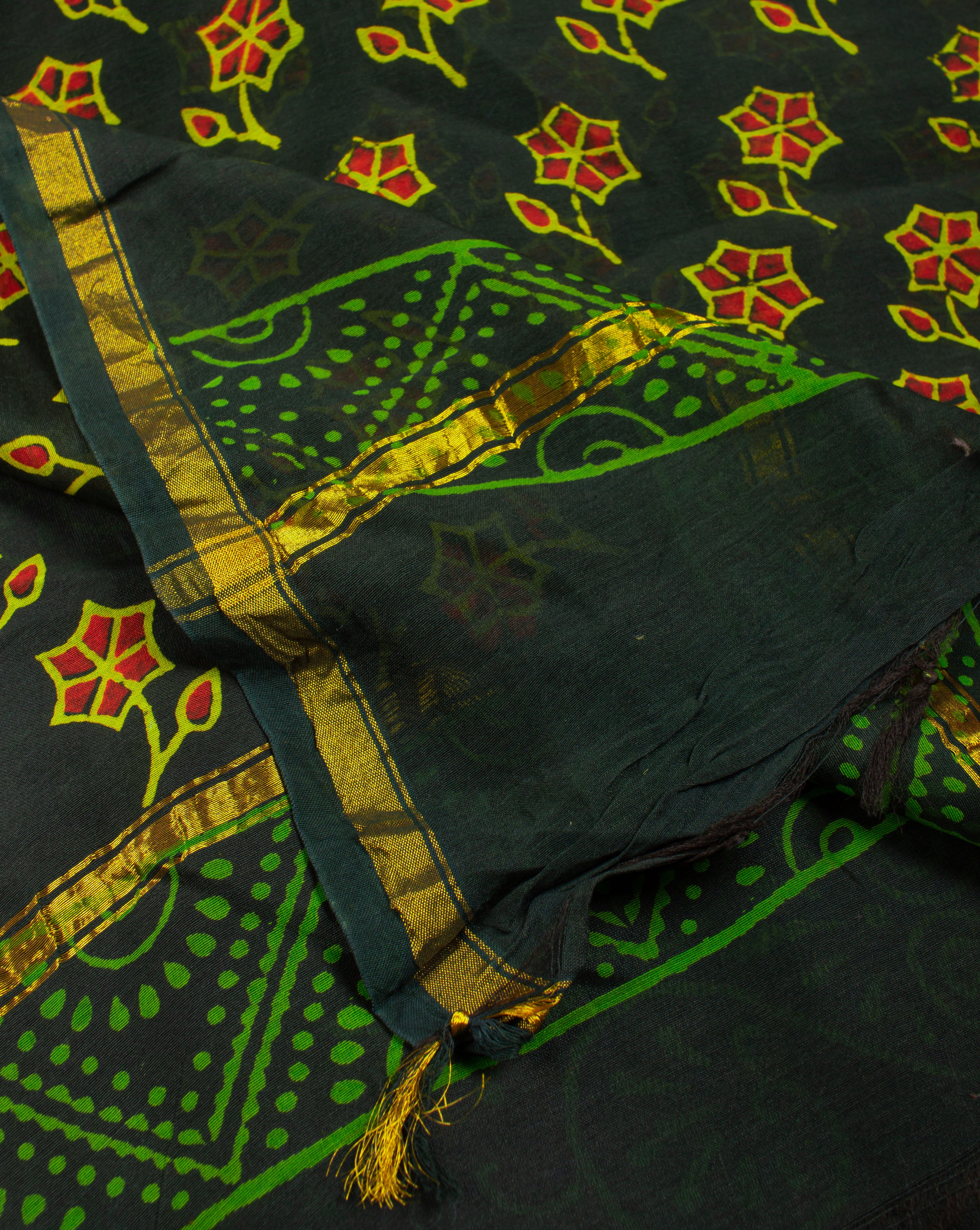 Hand Block Zari Border Chanderi Unstitched Suit With Chanderi Dupatta - Fabriclore.com