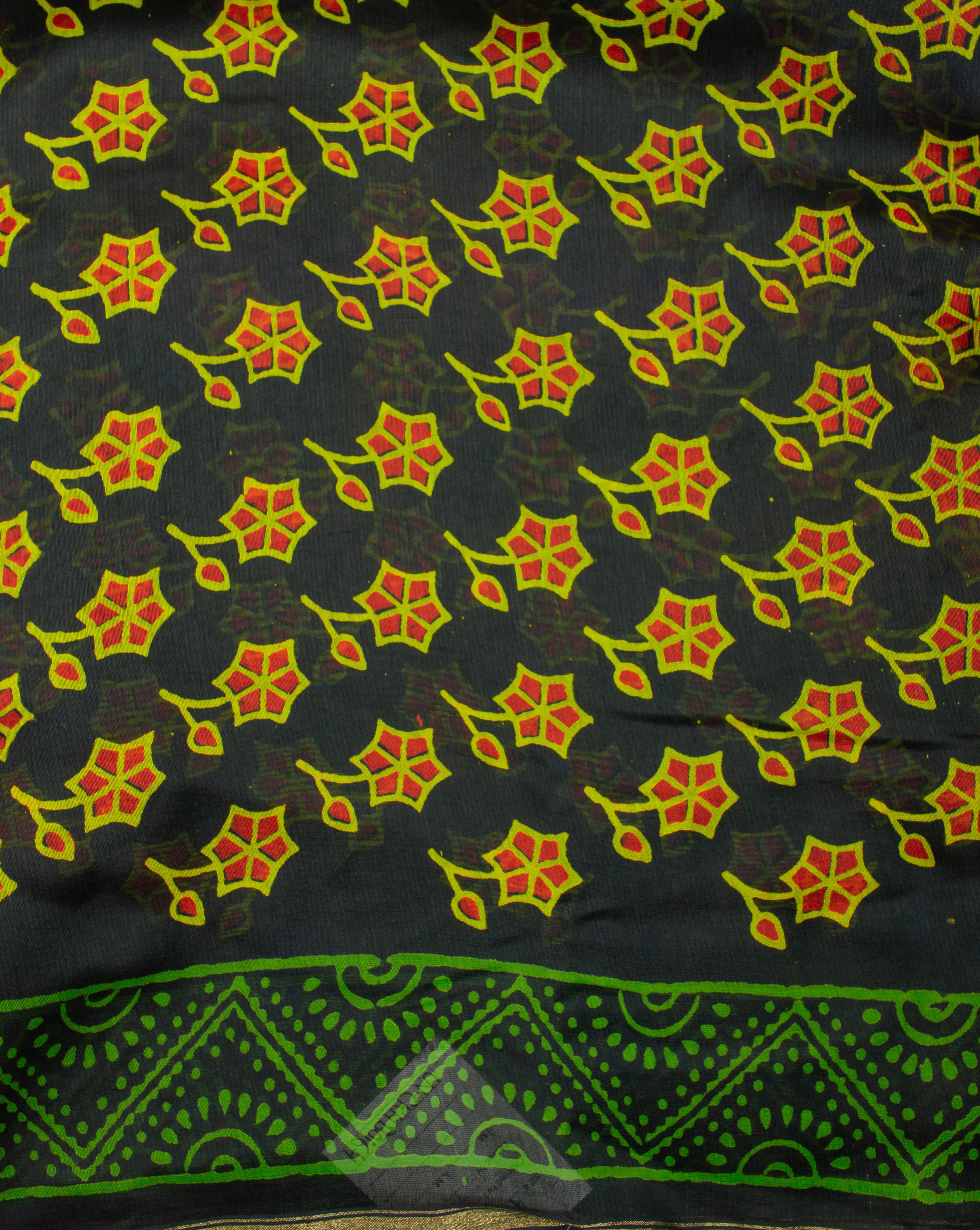 Hand Block Zari Border Chanderi Unstitched Suit With Chanderi Dupatta - Fabriclore.com