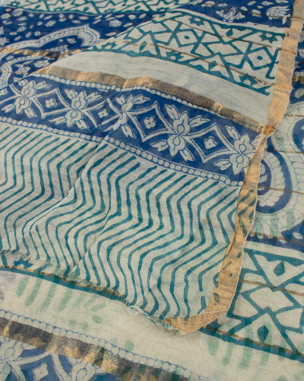 Hand Block Handloom Cotton Unstitched Top With Chanderi Dupatta - Fabriclore.com