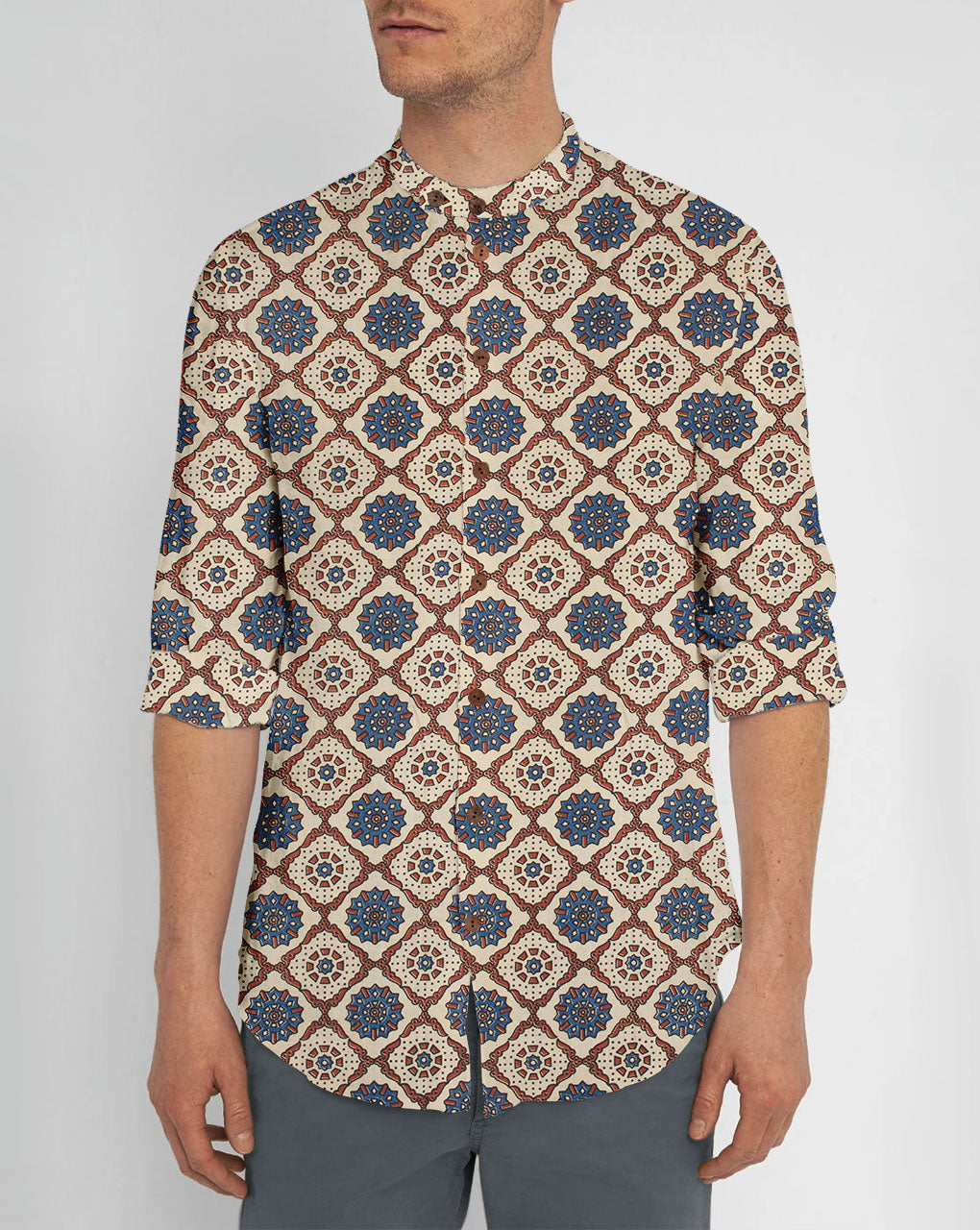 Natural Dye Ajrak Screen Print Rayon Fabric - Fabriclore.com