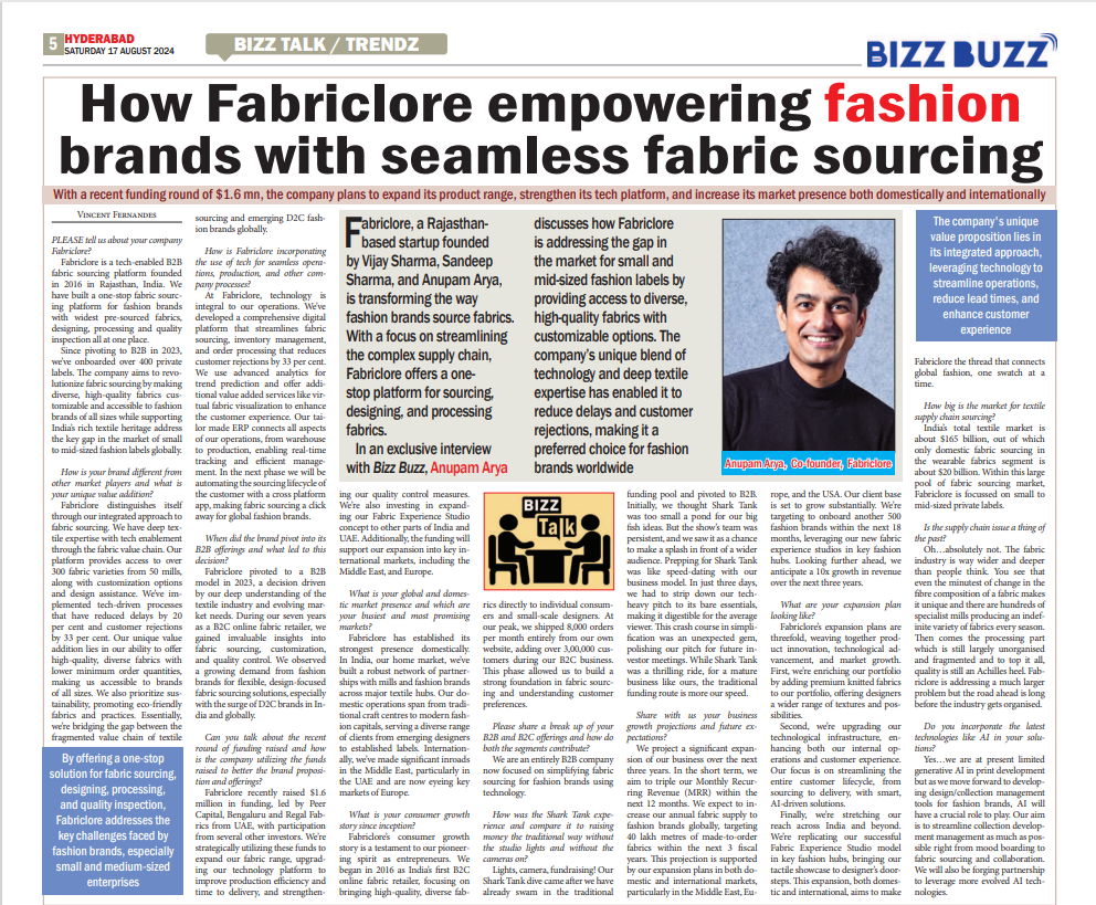 How Fabriclore empowering fashion brands with seamless fabric sourcing - In exclusive interview with Bizz Buzz