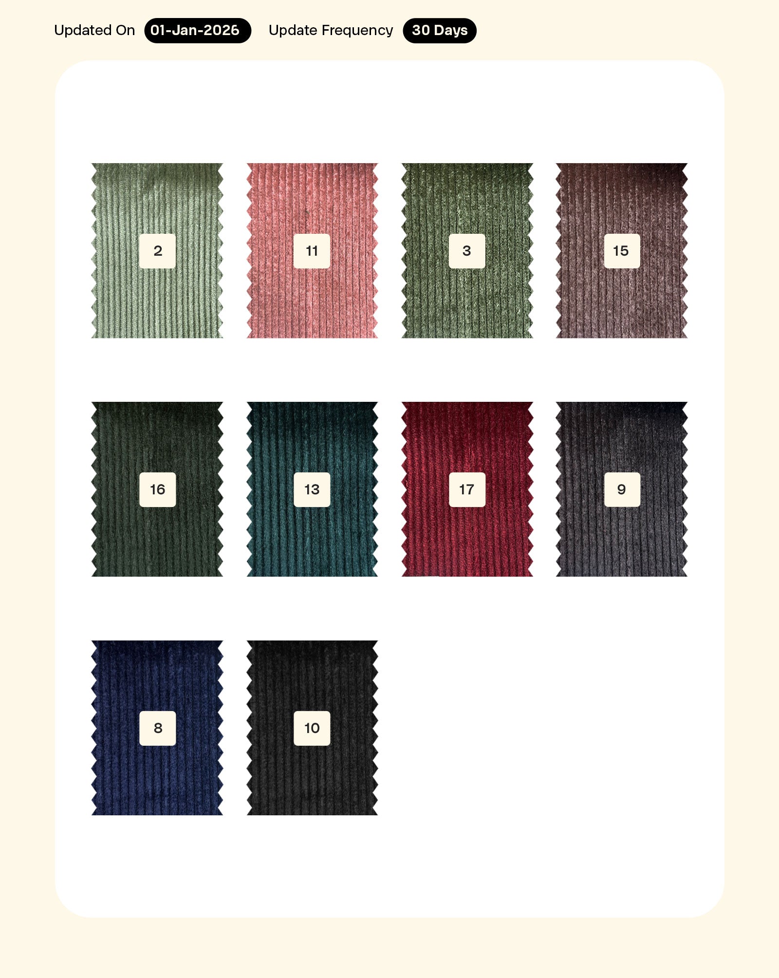 10 Wales Viscose Cotton Lycra Corduroy Mill Dyed Fabric 56"