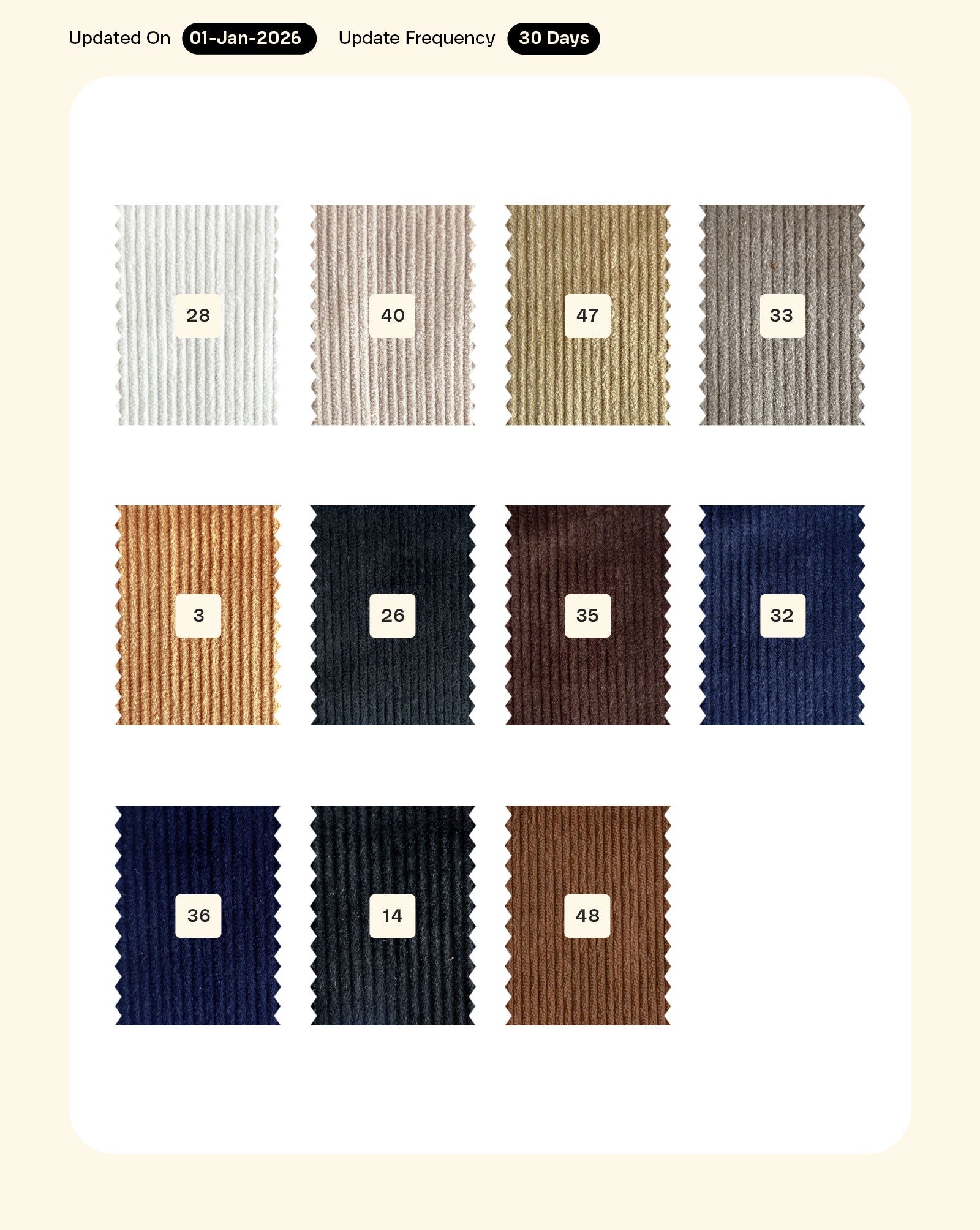 8 Wales Cotton Lycra Corduroy Mill Dyed Fabric 56"