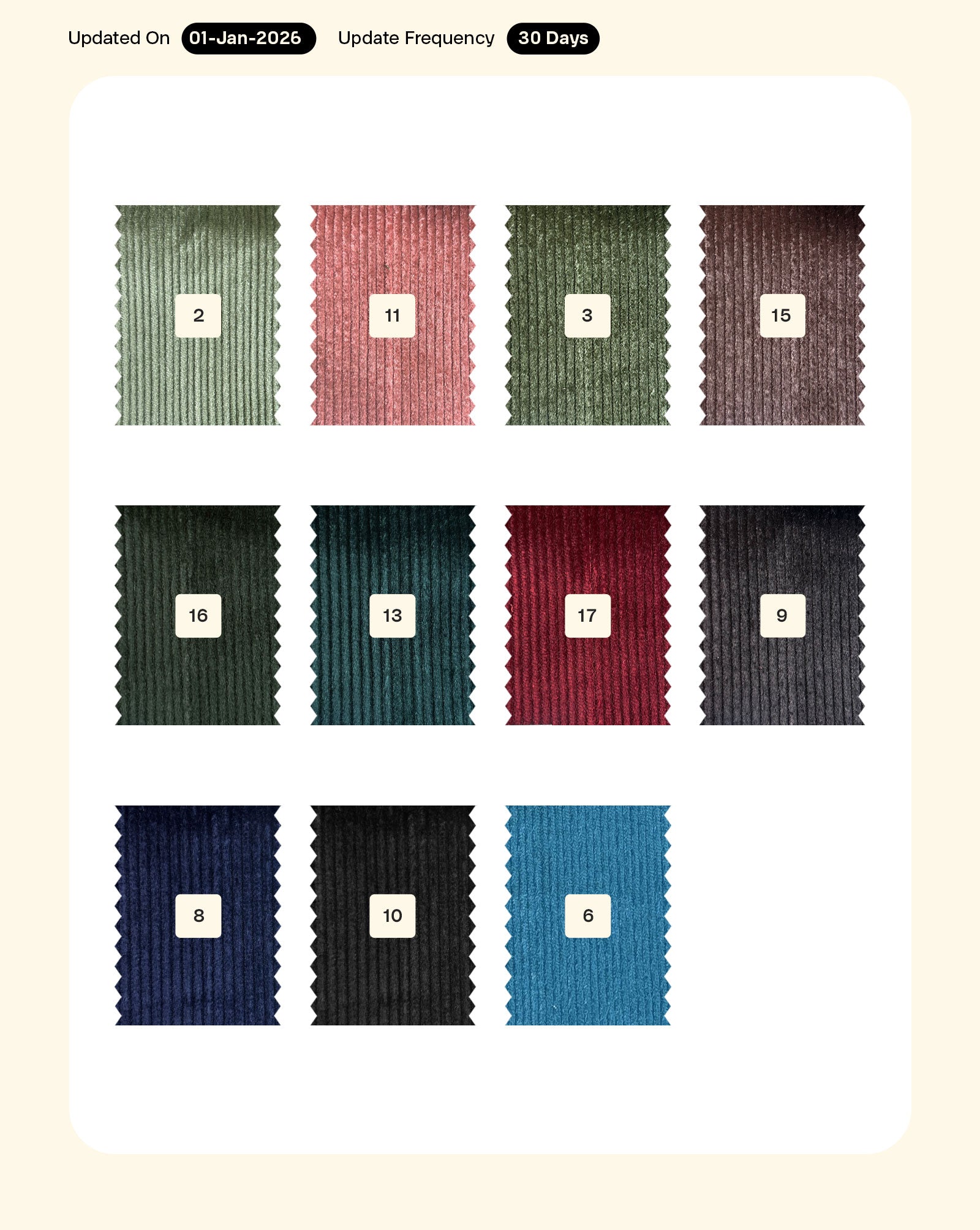 10 Wales Viscose Cotton Lycra Corduroy Mill Dyed Fabric 56"