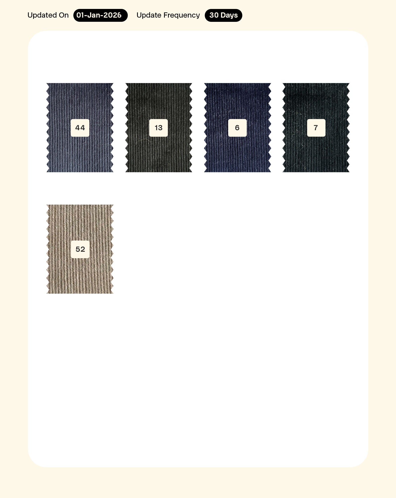 14 Wales Cotton Lycra Corduroy Mill Dyed Fabric 56"