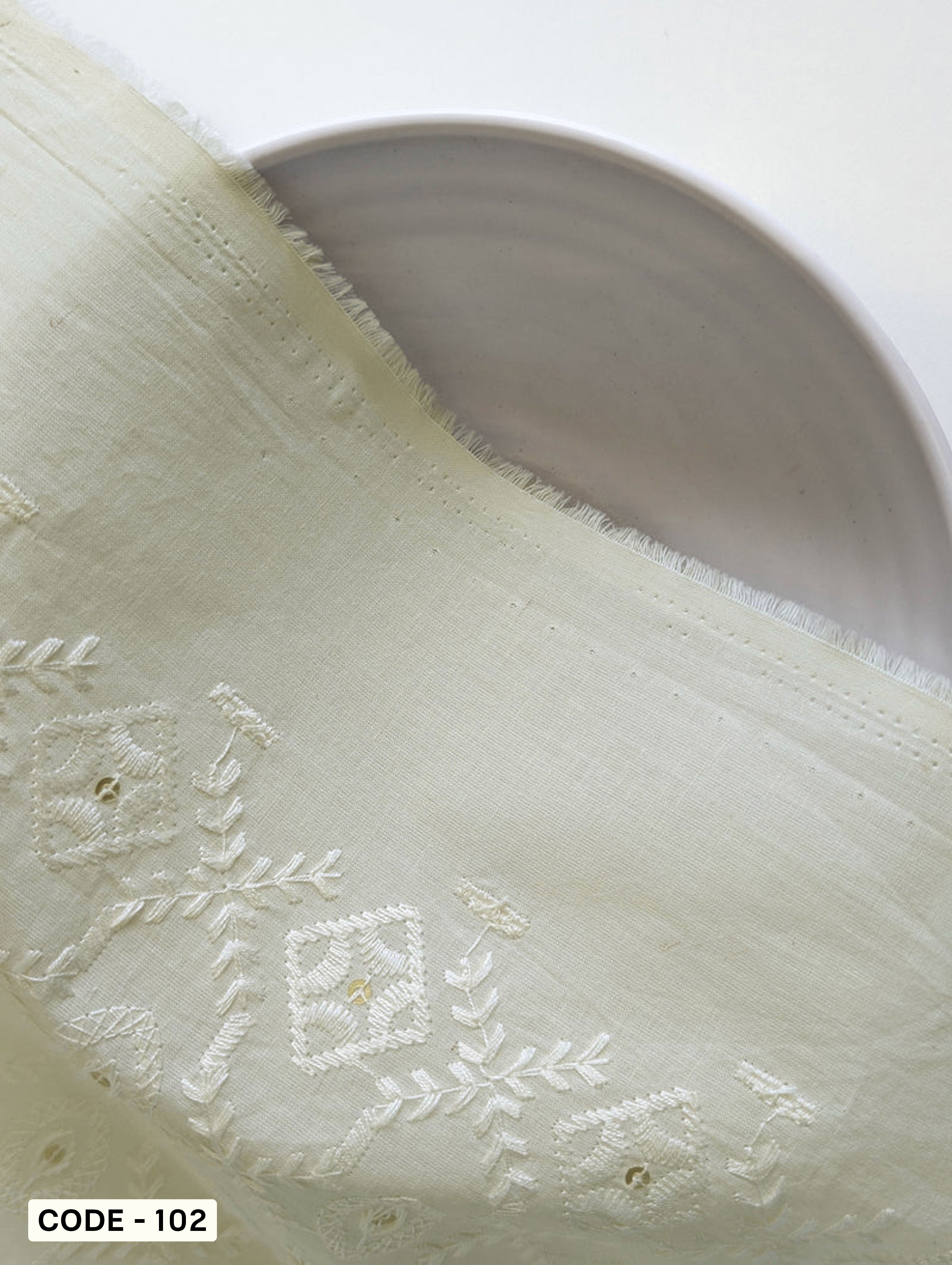 Gold Sequins Schiffli Embroidery Cotton Fabric 46" (Greige)