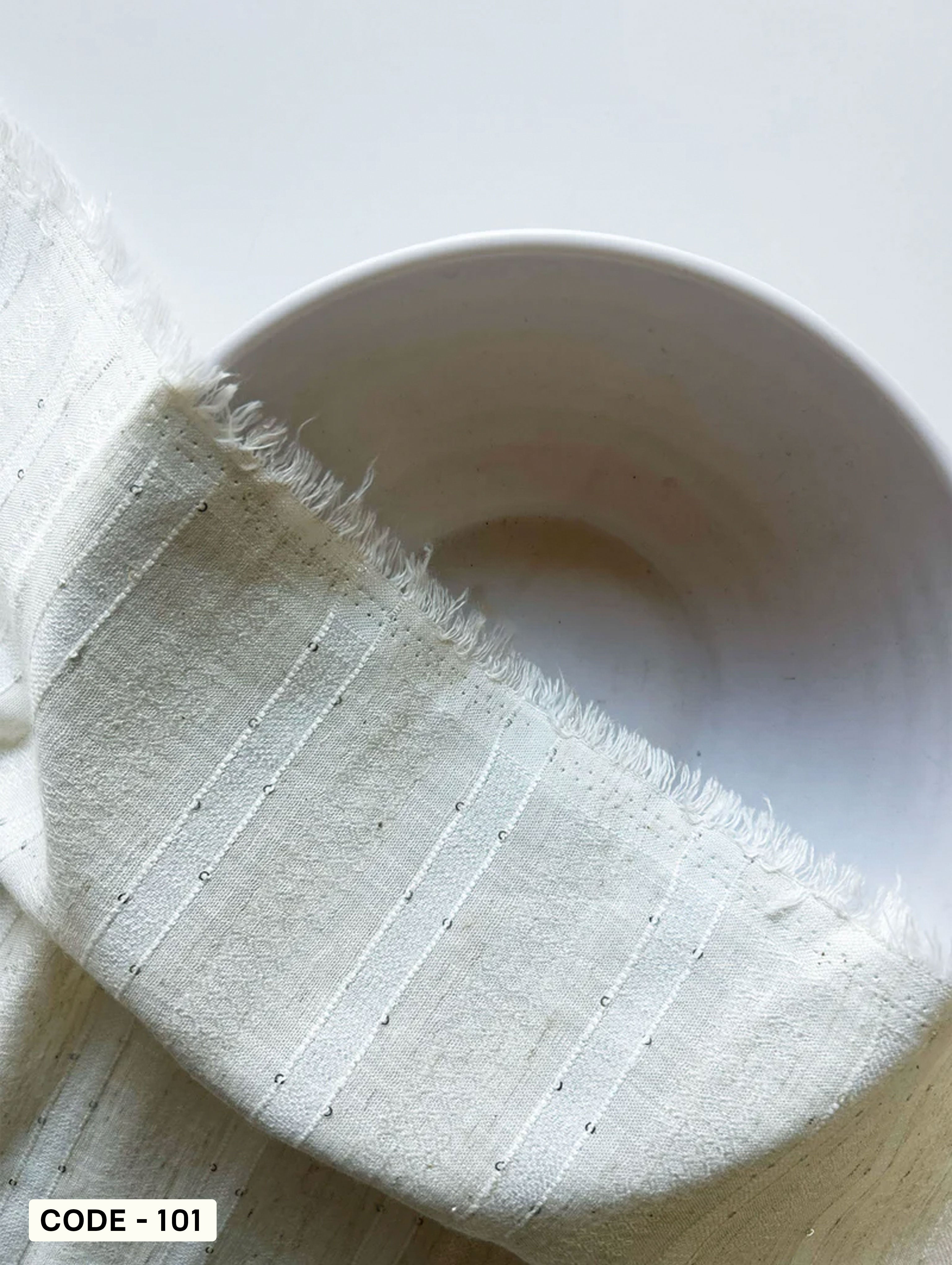 Off-White Loom Textured Blended Viscose Dobby Sequins Yarn Dyed Fabric 57"