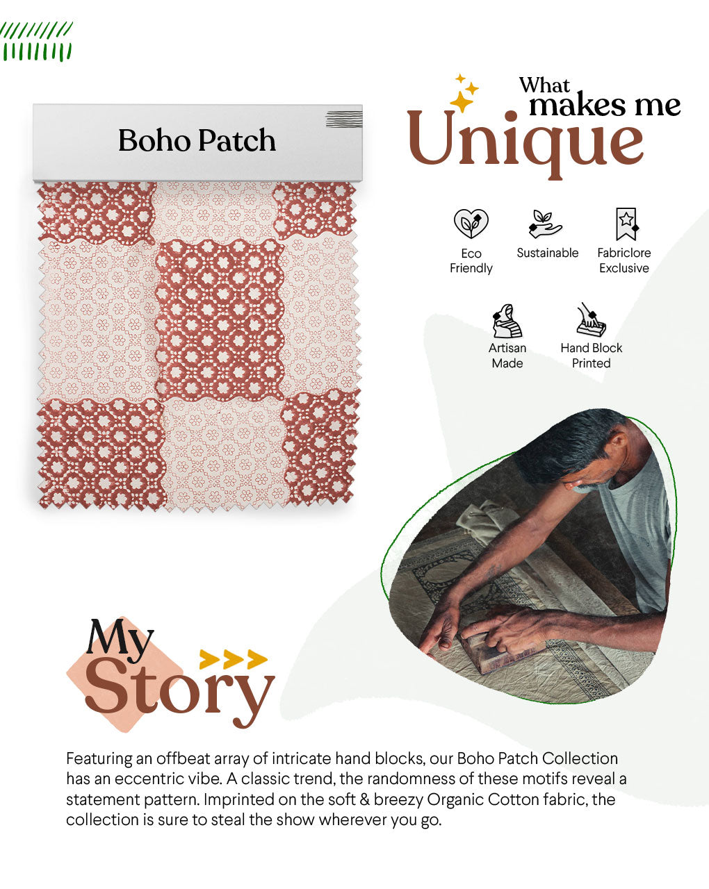 ( Pre Cut 65 CM ) Boho Patched Hand Block Organic Cotton Fabric