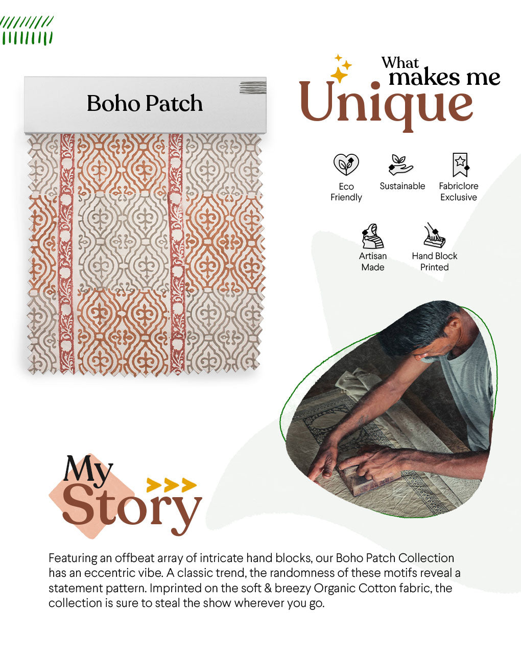 ( Pre Cut 80 CM ) Boho Patched Hand Block Organic Cotton Fabric