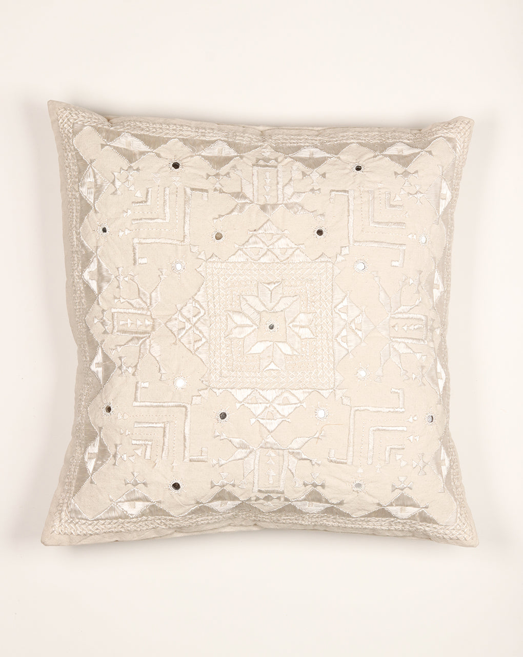 Original Soof Embroidery With Mirror Work Loom Textured Cotton Cushion Cover ( 16X16 Inches ) - Fabriclore.com