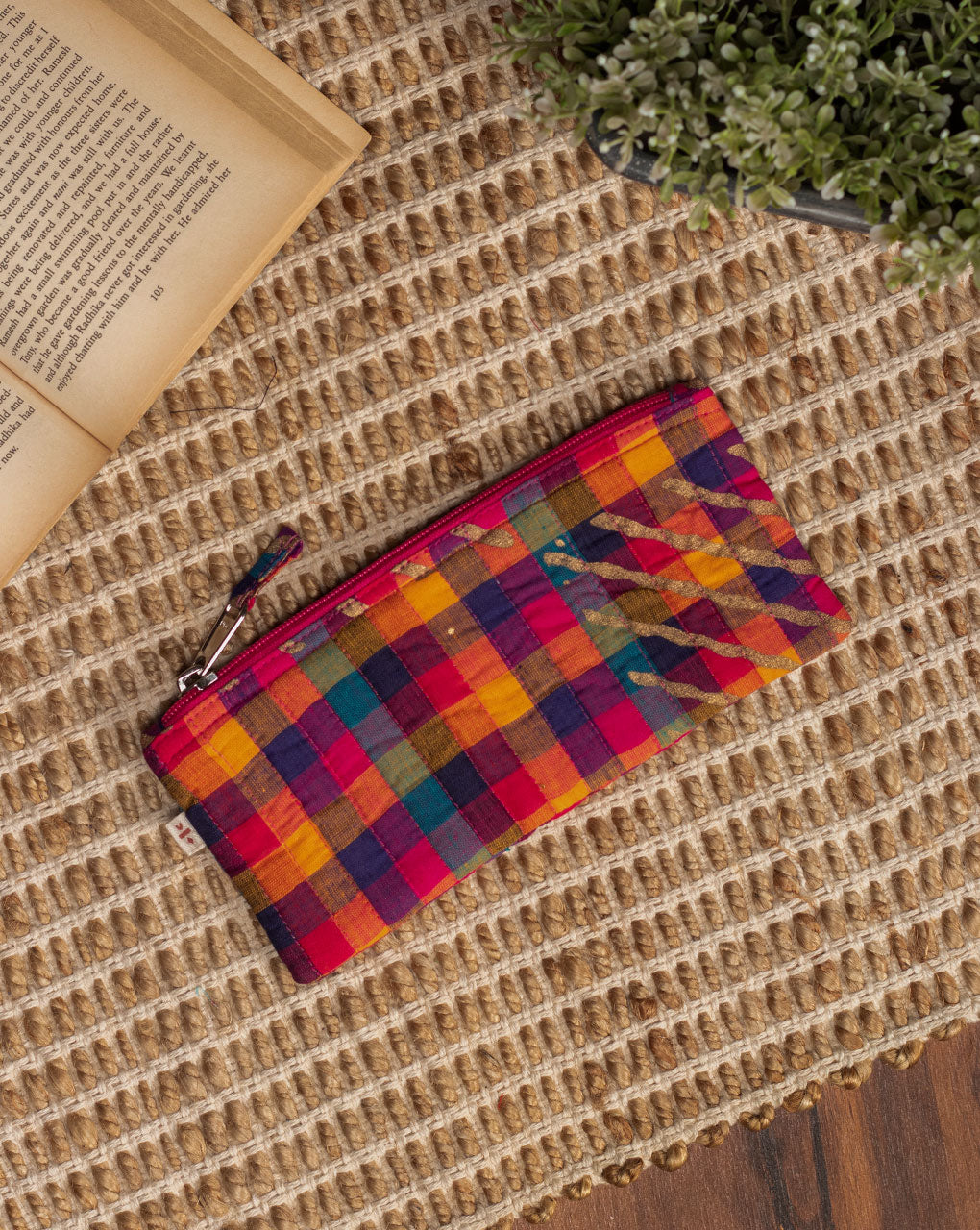 Upcycled Loom Textured Checks Pouch - Fabriclore.com