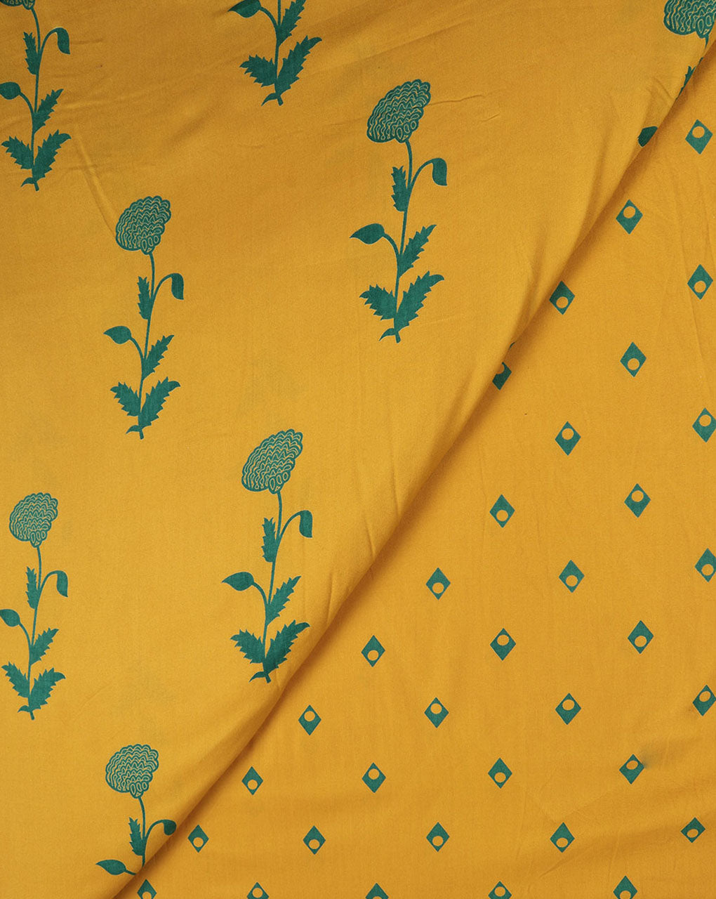 Mustard Yellow & Green Floral Discharge Rayon Fabric - Fabriclore.com
