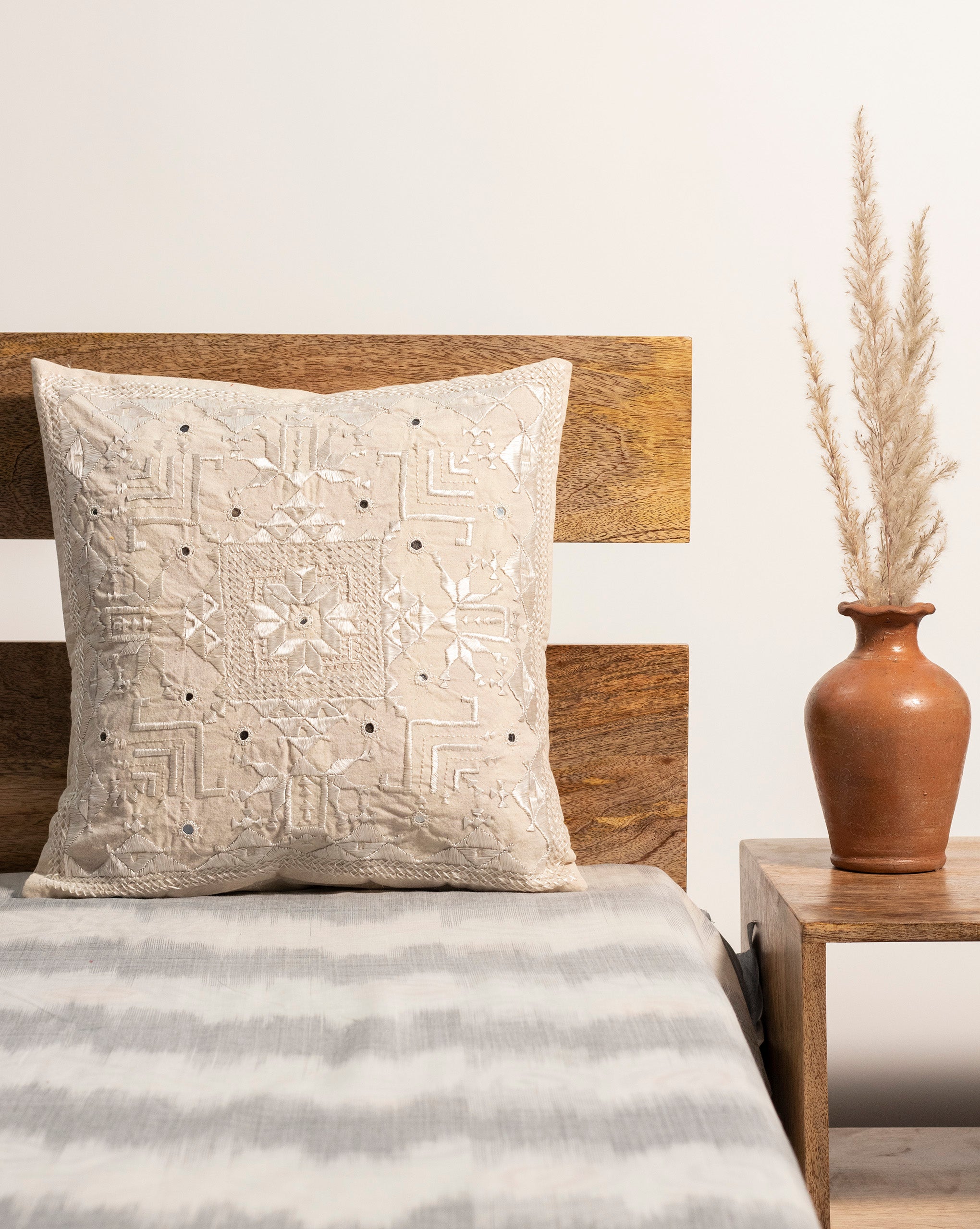 Original Soof Embroidery With Mirror Work Loom Textured Cotton Cushion Cover ( 16X16 Inches ) - Fabriclore.com