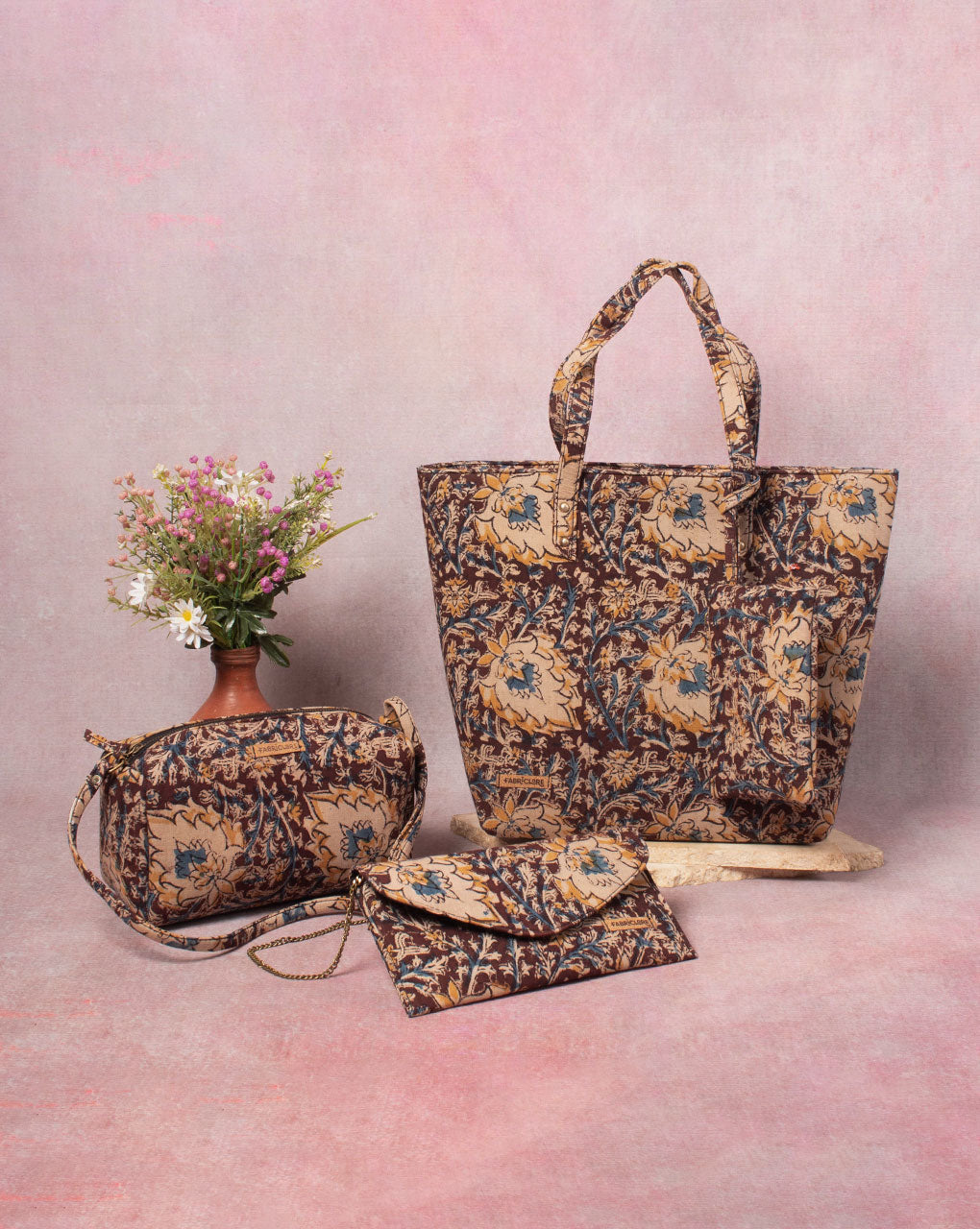 Upcycled Floral Kalmakari Bags ( Set Of 4 ) - Fabriclore.com